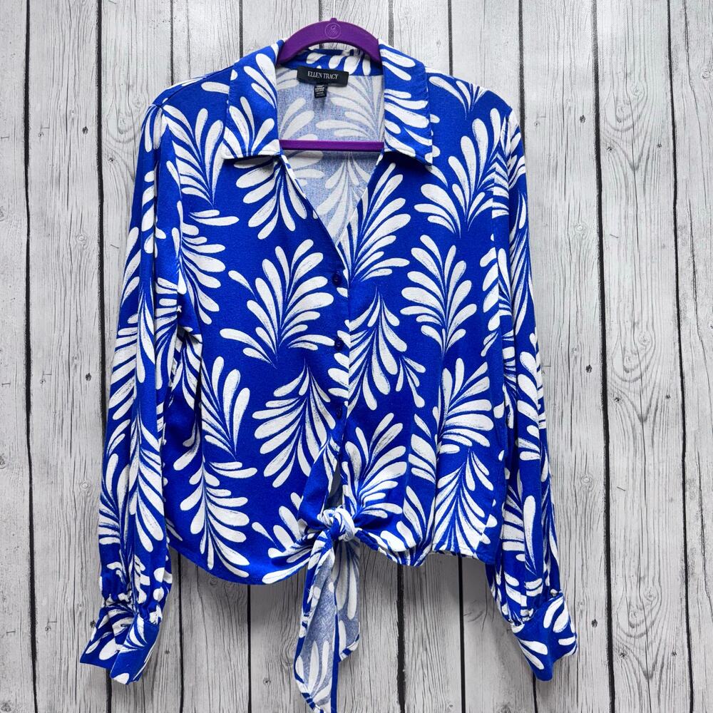 NWOT Ellen Tracy Linen Front Tie Button Down Blouse Size Medium
